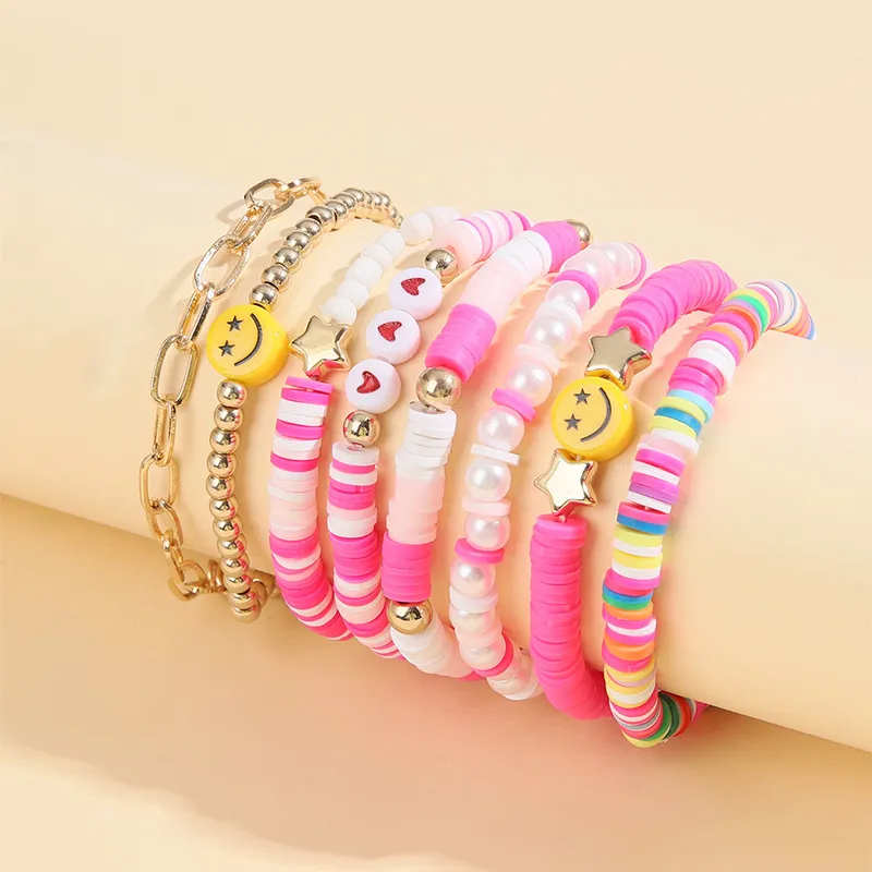 Women Fashion Stars Smiley Face Imitation Pearls Gold Beads Multicolor Polymer Clay Multilayer Bracelet Set