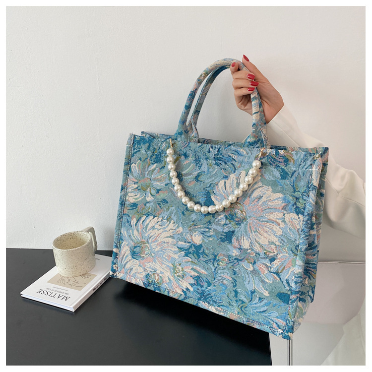 Jacquard-weave Handbag - Blue/patterned - Ladies