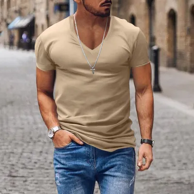 Men's Fashion V-Neck Short Sleeve Solid Slim Fit Mercerized Cotton T-Shirt