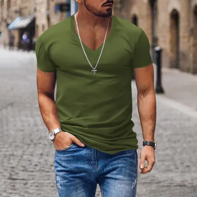 Men's Fashion V-Neck Short Sleeve Solid Slim Fit Mercerized Cotton T-Shirt