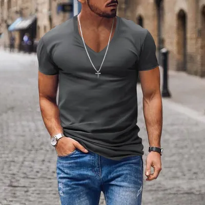 Men's Fashion V-Neck Short Sleeve Solid Slim Fit Mercerized Cotton T-Shirt