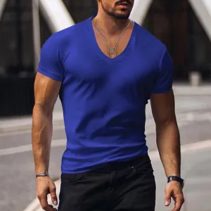 Men's Fashion V-Neck Short Sleeve Solid Slim Fit Mercerized Cotton T-Shirt
