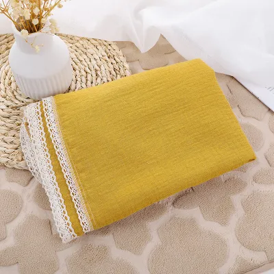 Baby Double-Layer Solid Color Cotton Muslin Swaddle Blanket With Lace Edge(80*65cm)