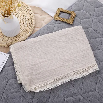 Baby Double-Layer Solid Color Cotton Muslin Swaddle Blanket With Lace Edge(80*65cm)