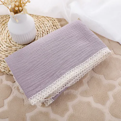 Baby Double-Layer Solid Color Cotton Muslin Swaddle Blanket with Lace Edge (100*120cm)