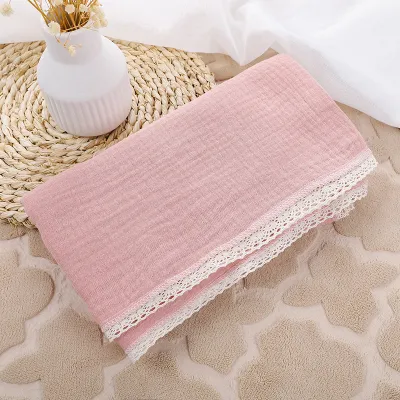 Baby Double-Layer Solid Color Cotton Muslin Swaddle Blanket with Lace Edge (100*120cm)