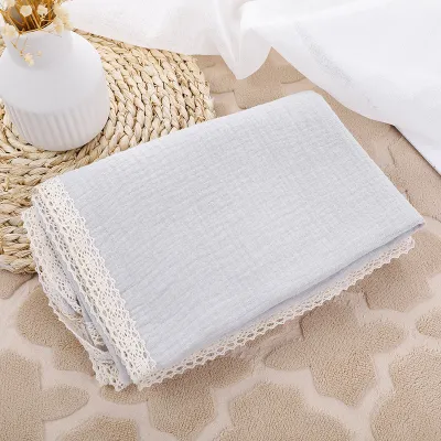 Baby Double-Layer Solid Color Cotton Muslin Swaddle Blanket with Lace Edge (100*120cm)