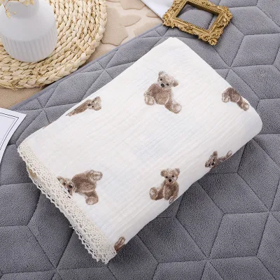 Baby Double-Layer Solid Color Cotton Muslin Swaddle Blanket with Lace Edge (100*120cm)