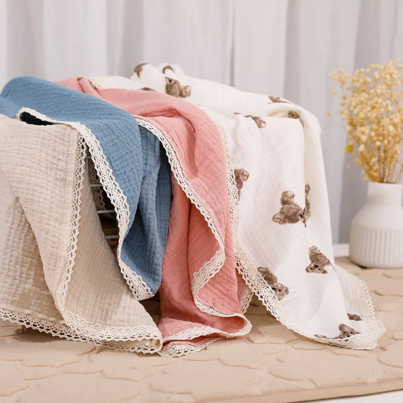 Baby Double-Layer Solid Color Cotton Muslin Swaddle Blanket with Lace Edge (100*120cm)