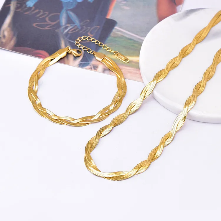 Women Simple Pole Chain Braided Bracelet Necklace Titanium Steel Jewelry Set