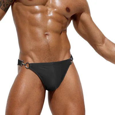 Men'S Fashion Solid Color Metal Buckle Sexy Swim Briefs for Summer