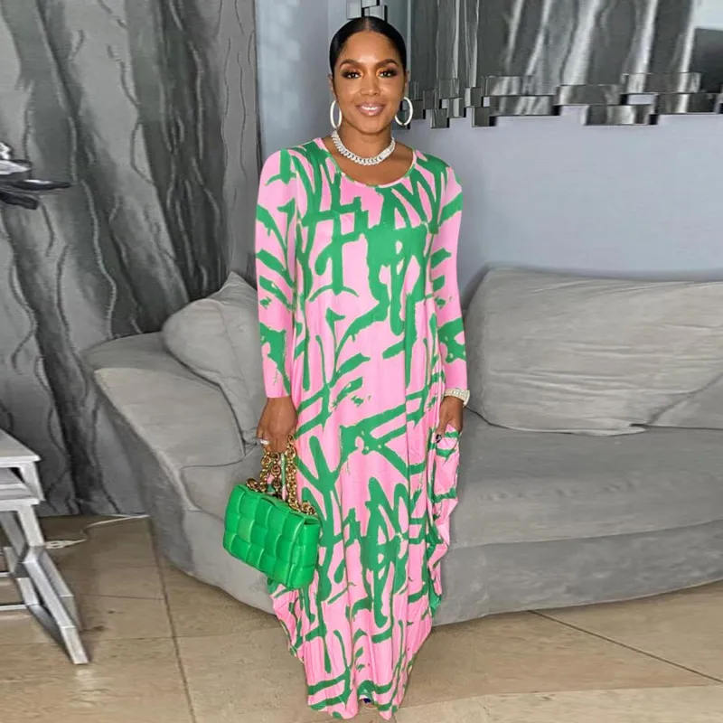 Women Fashion Casual Printed Round Neck Long Sleeve Plus Size Dress