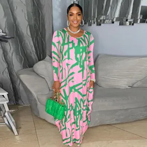 Women Fashion Casual Printed Round Neck Long Sleeve Plus Size Dress