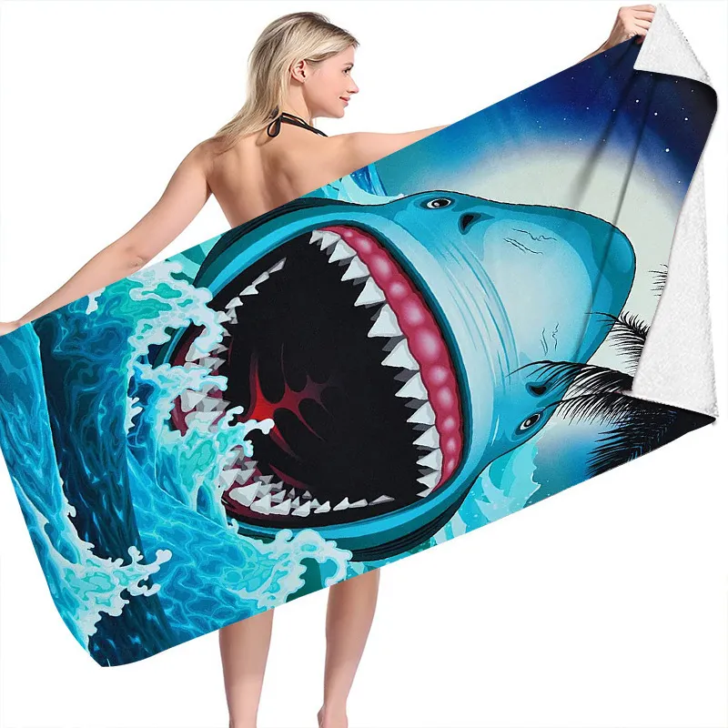 Cartoon Ocean Shark Printed Microfiber Beach Towel for Women