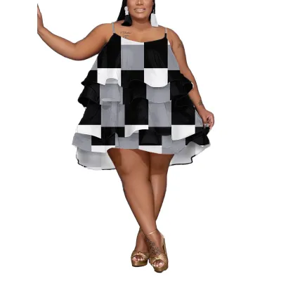 Women Fashion Casual Color Blocking Printing Tiered Plus Size Slip Dress