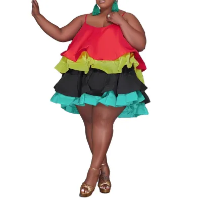 Women Fashion Casual Color Blocking Printing Tiered Plus Size Slip Dress