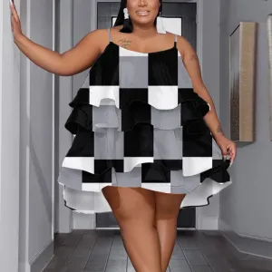 Women Fashion Casual Color Blocking Printing Tiered Plus Size Slip Dress