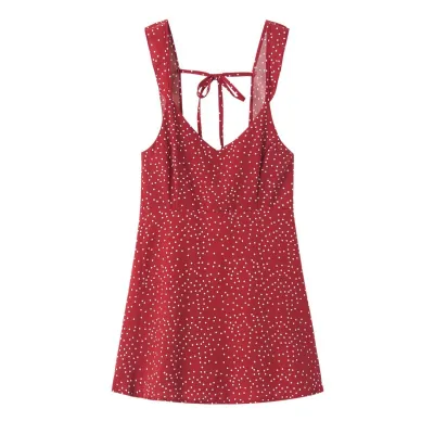 Women Sexy Vacation Polka Dot Print Spaghetti Strap Backless Dress
