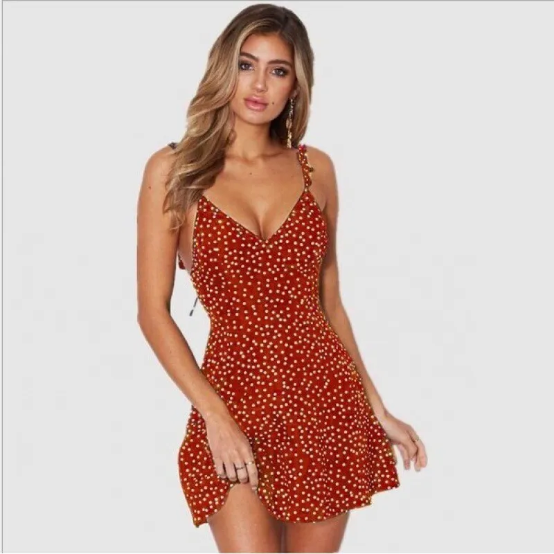 Women Sexy Vacation Polka Dot Print Spaghetti Strap Backless Dress