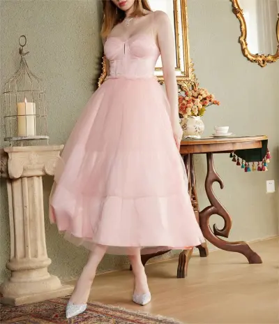 Wedding Bridesmaid Sleeveless Mesh Mid-Length Dress