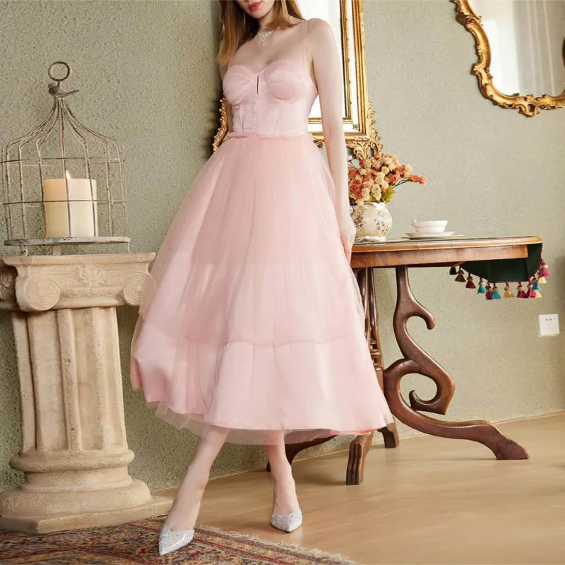 Wedding Bridesmaid Sleeveless Mesh Mid-Length Dress