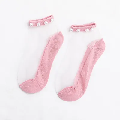 Summer Women's Casual Fashion Pearl Lace Thin Mesh Short Socks