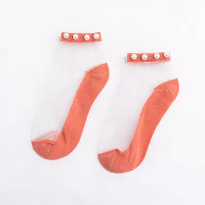 Summer Women's Casual Fashion Pearl Lace Thin Mesh Short Socks
