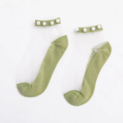 Summer Women's Casual Fashion Pearl Lace Thin Mesh Short Socks