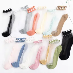 Summer Women's Casual Fashion Pearl Lace Thin Mesh Short Socks