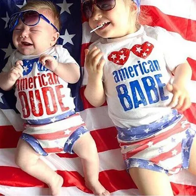 Toddlers Newborn Baby Fashion Boys Girls Independence Day Flag Sleeveless Letter Print Top And Shorts 2pcs Set