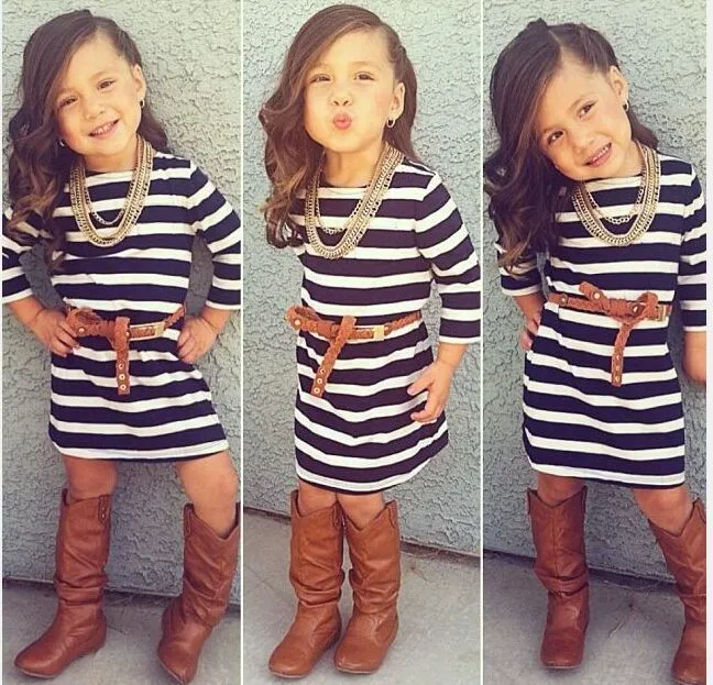 Kids Baby Girls Long Sleeve Stripe Print A-Line Dress Cotton 80%