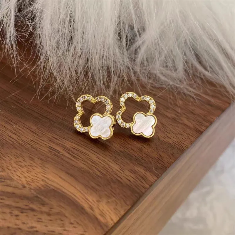 Women Fashion Rhinestone Double Four-Leaf Clover Stud Earrings