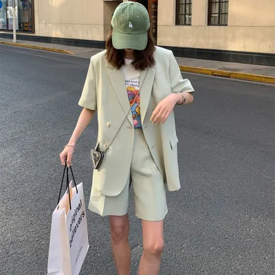 Summer Women Casual Loose Short-Sleeved Blazer Shorts Two-Piece Elegant Office Chic Set