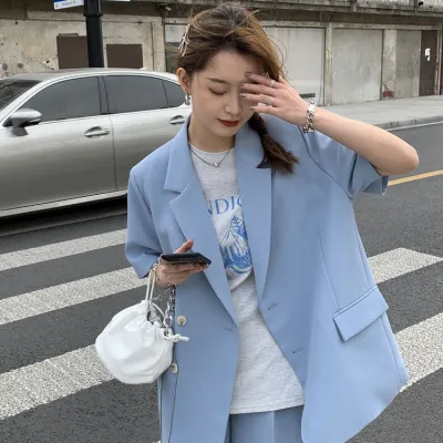 Summer Women Casual Loose Short-Sleeved Blazer Shorts Two-Piece Elegant Office Chic Set