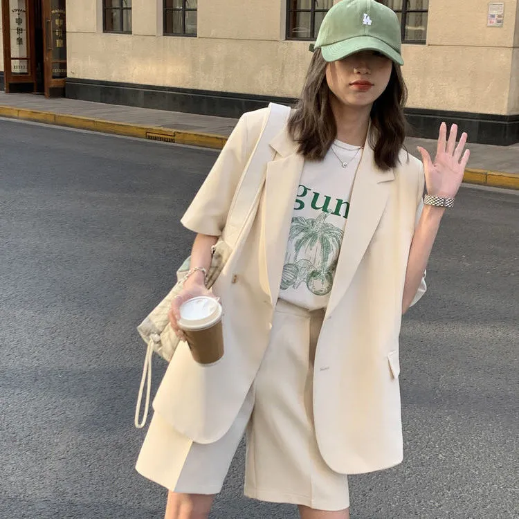 Summer Women Casual Loose Short-Sleeved Blazer Shorts Two-Piece Elegant Office Chic Set