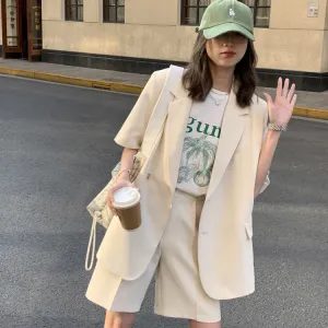 Summer Women Casual Loose Short-Sleeved Blazer Shorts Two-Piece Elegant Office Chic Set