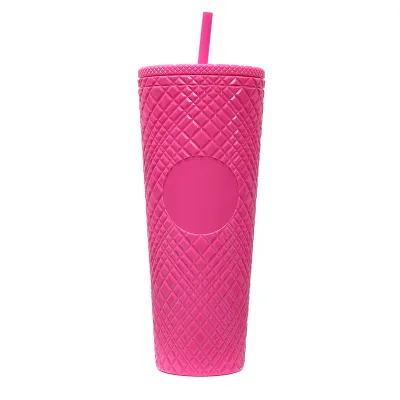 Creative Rhombic Lattice Multicolor Plastic Straw Cup with Lid for Home Kitchen
