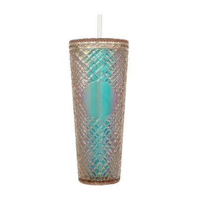 Creative Rhombic Lattice Multicolor Plastic Straw Cup with Lid for Home Kitchen