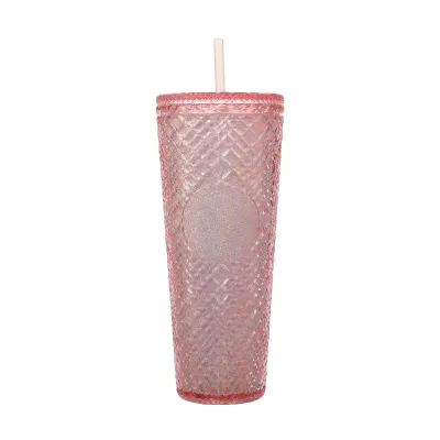Creative Rhombic Lattice Multicolor Plastic Straw Cup with Lid for Home Kitchen