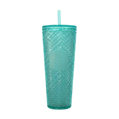 Creative Rhombic Lattice Multicolor Plastic Straw Cup with Lid for Home Kitchen