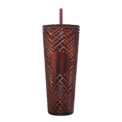 Creative Rhombic Lattice Multicolor Plastic Straw Cup with Lid for Home Kitchen