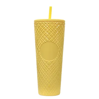 Creative Rhombic Lattice Multicolor Plastic Straw Cup with Lid for Home Kitchen