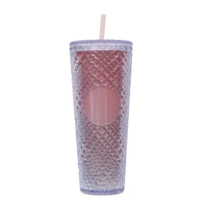 Creative Rhombic Lattice Multicolor Plastic Straw Cup with Lid for Home Kitchen
