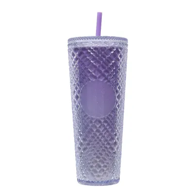 Creative Rhombic Lattice Multicolor Plastic Straw Cup with Lid for Home Kitchen