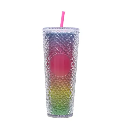 Creative Rhombic Lattice Multicolor Plastic Straw Cup with Lid for Home Kitchen