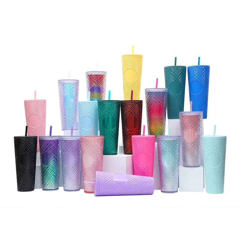 Creative Rhombic Lattice Multicolor Plastic Straw Cup with Lid for Home Kitchen