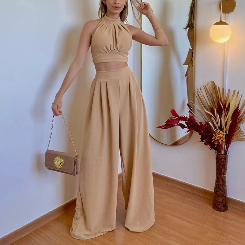 Women Solid Color Cropped Halter Top And Wide Leg Pants Set