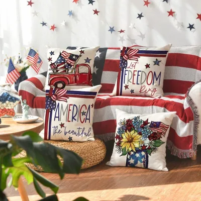 Home Living Room Sofa Cushion American Independence Day Linen Cushion Pillow Cover