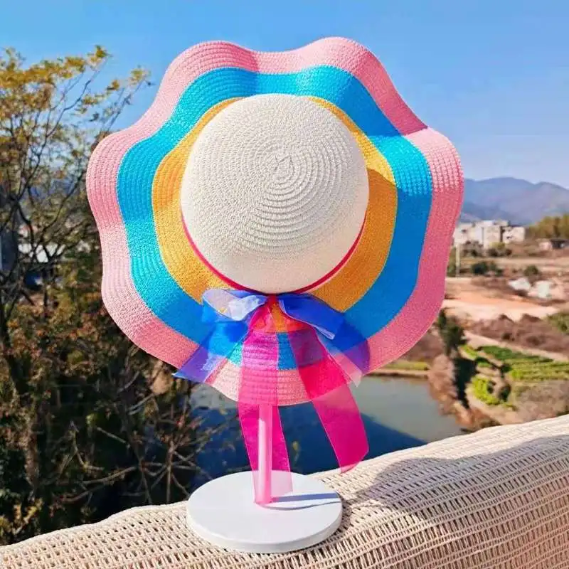Summer Vacation Fashion Wave Edge Rainbow Color Woven Straw Hat