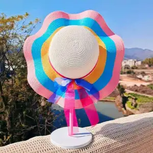 Summer Vacation Fashion Wave Edge Rainbow Color Woven Straw Hat